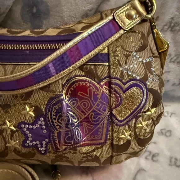 Coach special edition purple gold stars poppy purse on signature canvas preowned - Picture 6 of 17